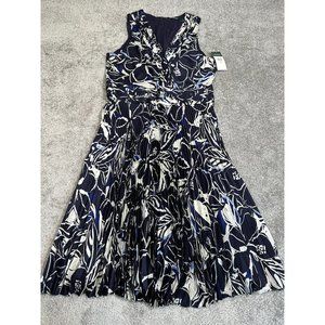 NWT Lauren Ralph Lauren Dress Womens 14 Navy, Blue Ivory Floral Sleeveless